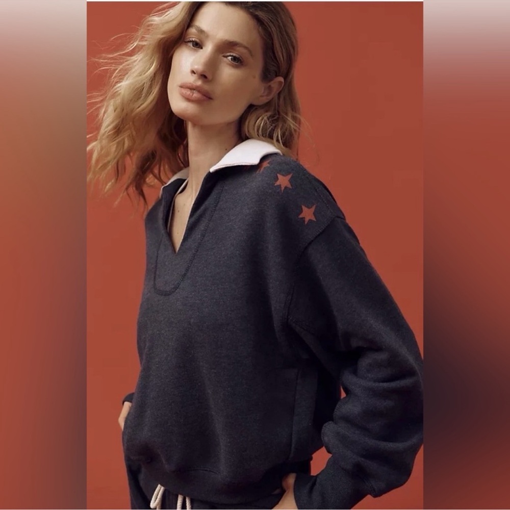 Sundry Anthropology Charcoal Pullover with White Collar and Red Star Accents